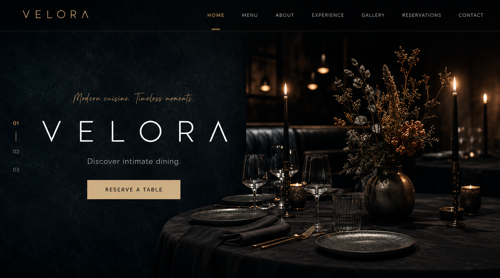 Velora intimate dining restaurant website